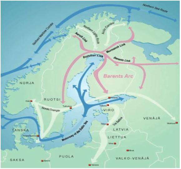 Pohjois-Lapin maakuntakaava 2040 5/40 kautta; North Sea Baltic (NSB) ydinkäytävä (yhdistää Baltian satamat Pohjanmeren satamiin) sekä Scandinavian Mediterranean (Scan-Med) ydinkäytävä, joka ulottuu