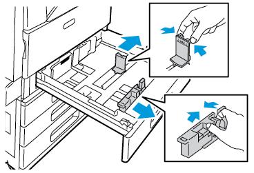 Paperit ja muu tulostusmateriaali Rajoittimen säätäminen 520 arkin säädettävillä alustoilla Alustojen 1 4 rajoittimet voidaan säätää sekä vakiokokoisen että erikoiskokoisen paperin