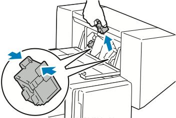 Vianetsintä 3. Pidä kiinni nitomanastakasetin molemmilla puolilla olevista kielekkeistä ja vedä kasetti ulos viimeistelylaitteesta. 4.