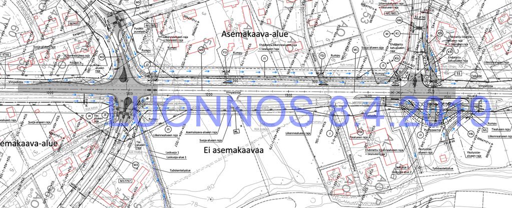VIMPELIN KUNTA KESKUSTAN ASEMAKAAVAN MUUTOS JA LAAJENNUS, KANTATIEN 68 YLEISEN TIEN ALUE, KORTTELIT 52-54 12 Kuva 12. Ote alustavasta tiesuunnitelmaluonnoksesta 8.4.2019 (Lähde: Insinööritoimisto Kolmostie Oy).