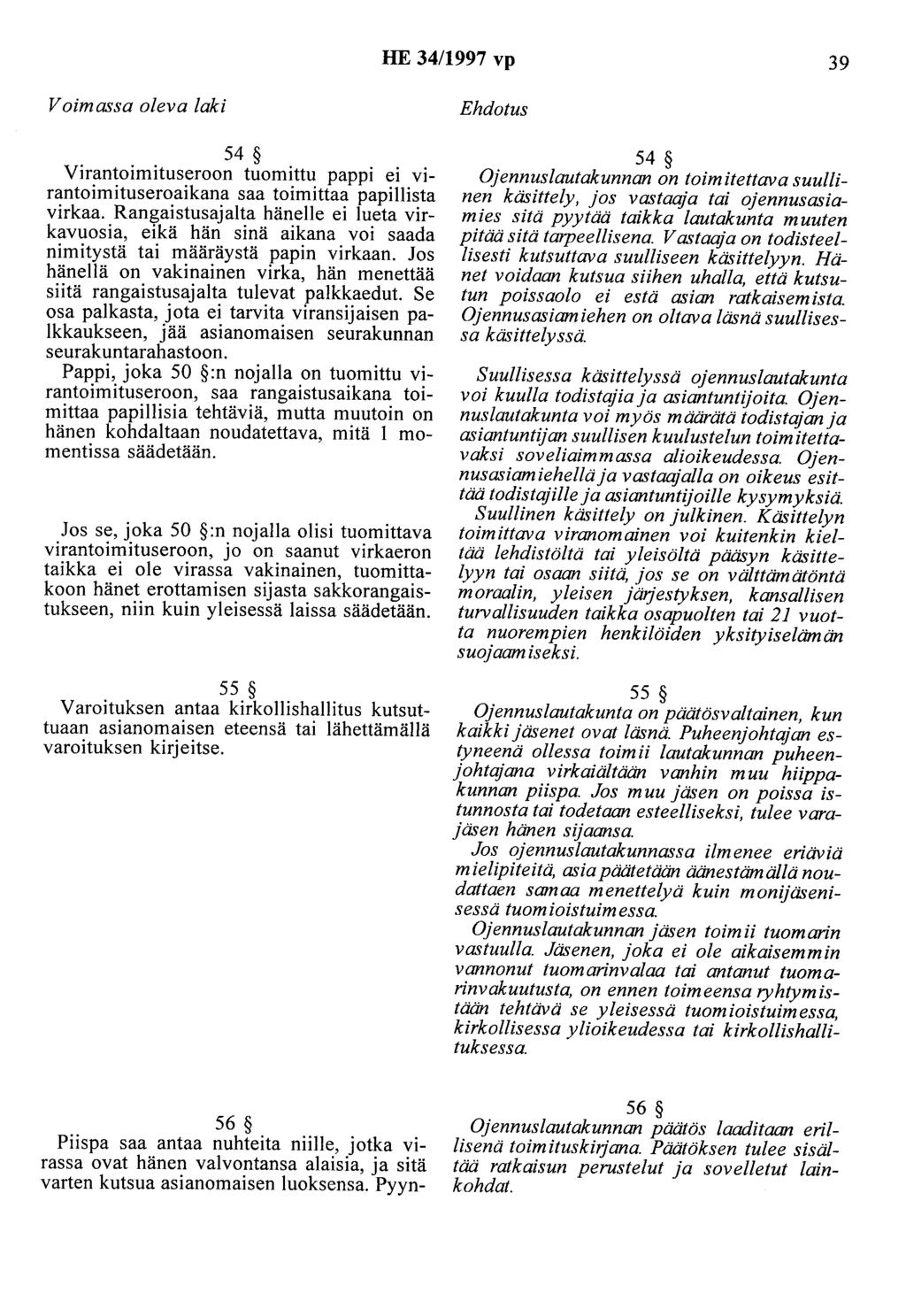 HE 34/1997 vp 39 Voimassa oleva laki 54 Virantoimituseroon tuomittu pappi ei virantoimituseroaikana saa toimittaa papillista virkaa.