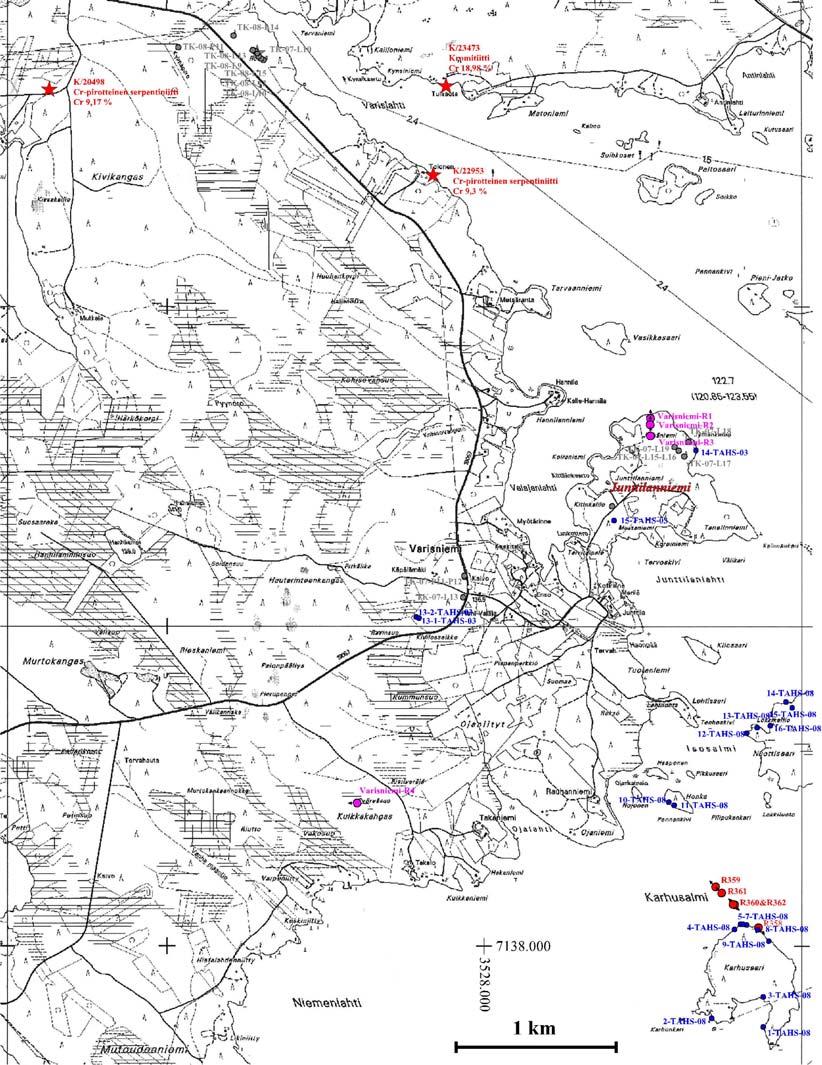 1/2011 6 Kuva 3. Tutkimuksessa käytetyt kairareiät ja paljastuma/lohkarenäytteet. Kuvaan on lisätty myös alueelta löydetyt kromiittirikkaat kansannäytteet (punaiset tähdet).