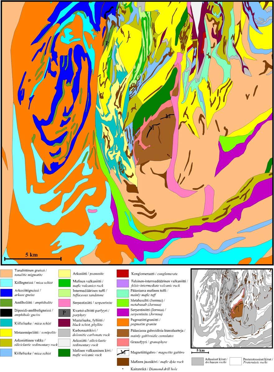 1/2011 9 Kuva 4. Yksinkertaistettu Junttilanniemen kerrosintruusion ympäristön geologinen kartta. Ylempään kuvaan on merkitty intruusion alueelle kairatut syväkairareiät.