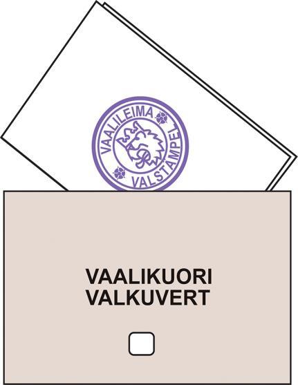 Äänestyslippu, vaalikuori, lähetekirje ja lähetekuori Leima kanteen keskelle