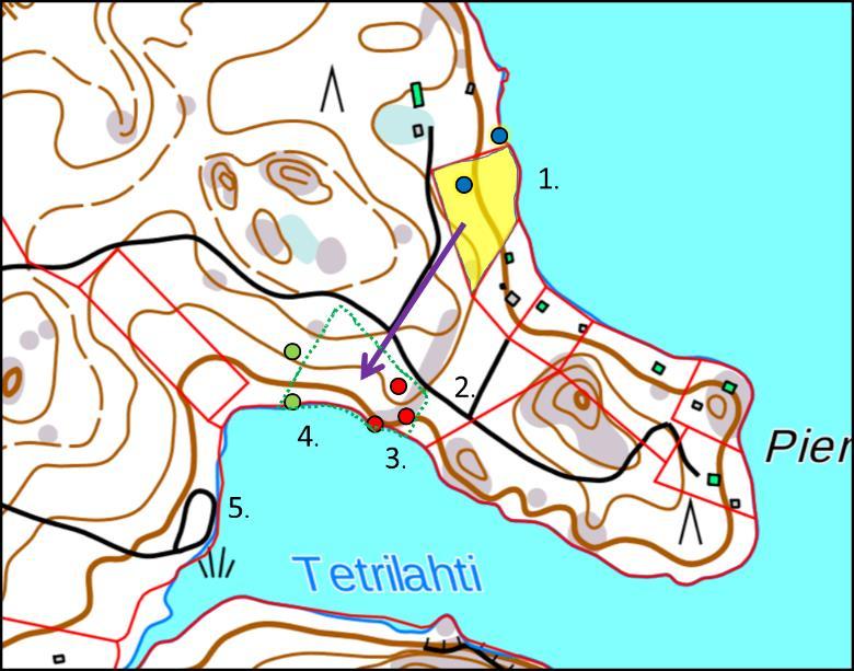 Tetriniementien risteys Tilan Kiviranta itälaidalla Kohta 3. Maisemallisesti arvokas kallio (maanomistajan toive siirrettävälle RA-rakennuspaikalla) Kohta 4.