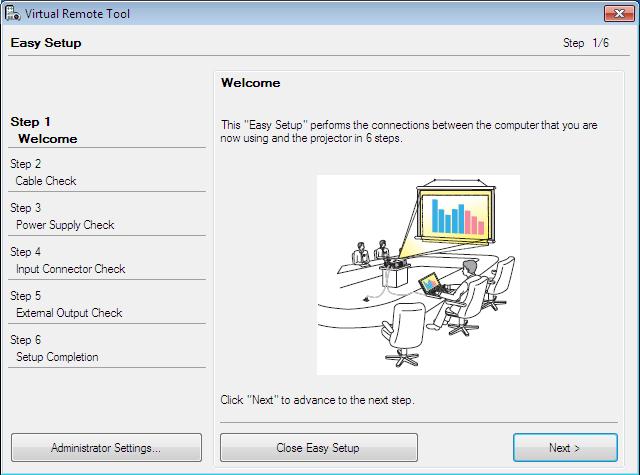 Tool]. Kun Virtual Remote Tool -apuohjelma käynnistyy ensimmäisen kerran, näyttöön tulee Easy Setup -ikkuna.