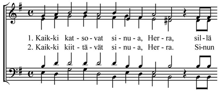 * Uskontunnustus (Credo) S Minä uskon Jumalaan, Isään, Kaikkivaltiaaseen, taivaan ja maan Luojaan, ja Jeesukseen Kristukseen, Jumalan ainoaan Poikaan, meidän Herraamme, joka sikisi Pyhästä Hengestä,