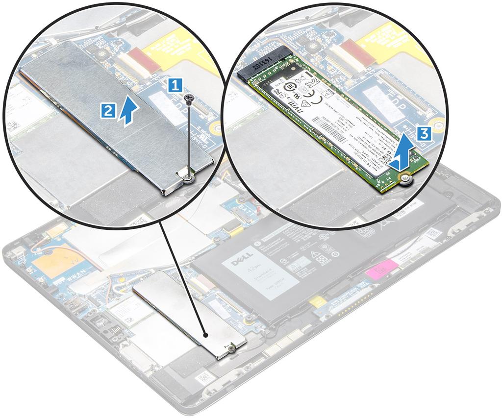 3 SSD-moduulin irrottaminen: a Irrota M2.0 x 2,5 mm:n ruuvi, jolla SSD-moduulin suojus on kiinnitetty [1]. b Nosta SSD-moduulin suojus irti tabletista [2].