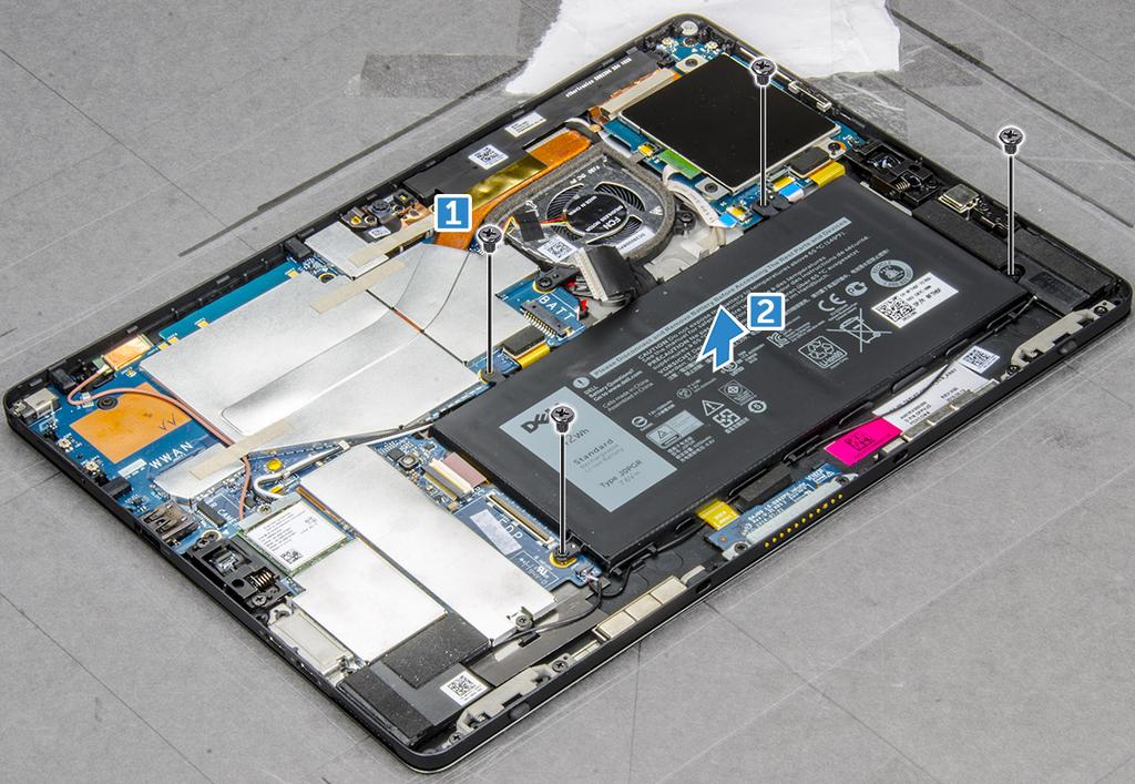 Akun asentaminen 1 Aseta akku paikkaansa tablet-tietokoneeseen. 2 Kiinnitä akku tablet-tietokoneeseen M2.0 x 3,0 mm:n ruuveilla.