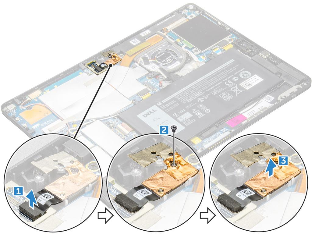Takakameran asentaminen 1 Aseta takakameramoduuli tablet-tietokoneen paikkaan. 2 Kiinnitä takakameramoduuli M1.6 x 3,0 mm:n ruuveilla. 3 Kytke takakameran kaapeli emolevyyn.