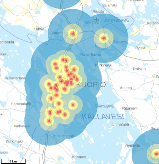 Kaupunki Helsinki, Espoo ja Vantaa Enintään 500 metrin etäisyydellä lähimmästä päivittäistavarakaupasta sijaitsevan väestön osuus kaupunkiseutujen tiheissä taajamissa v.