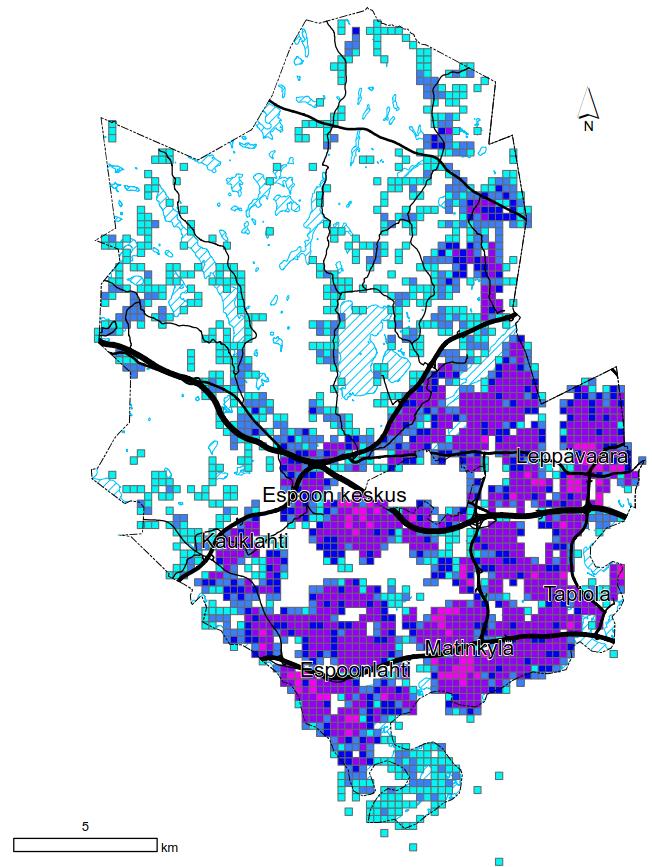 Väestö 2017 Väestö/ha Väestö% Työpaikat 2015 Työpaikat/ha Työpaikat% Myymälöiden 35 A B Kuva 21 A ja B. Väestön ja työpaikkojen sijoittuminen Espoossa.