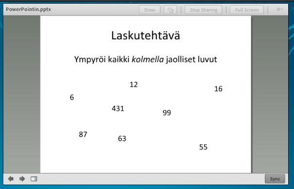 Malliratkaisu, tehtävä 8 Tee PowerPointin avulla jonkinlainen vuorovaikutteinen esitys mieti, miten piirtotyökaluja voisi käyttää yhdessä esityksesi kanssa niin, että oppilaat voivat osallistua