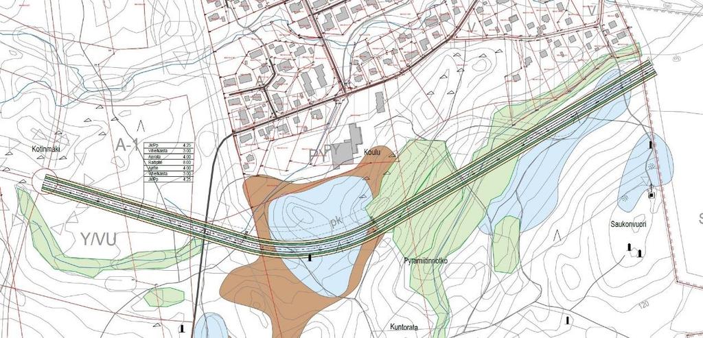 Linjaukset on esitetty kuvissa 8 ja 9. Linjausten suunnittelussa on huomioitu Toivion koulun eteläpuolelle laadittu luontoselvityksen täydennys, jossa luontoaluerajaukset ovat tarkentuneet.