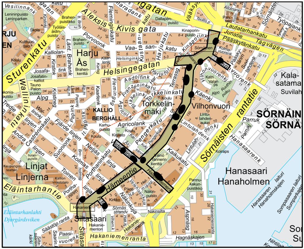 Helsingin kaupunki Ympäristöpalvelut Pöytäkirja 6 (8) 01.03.2019 Kuva 1. Työkohteen sijainti. Arvioidut louhintakohteet on merkitty mustilla pisteillä.