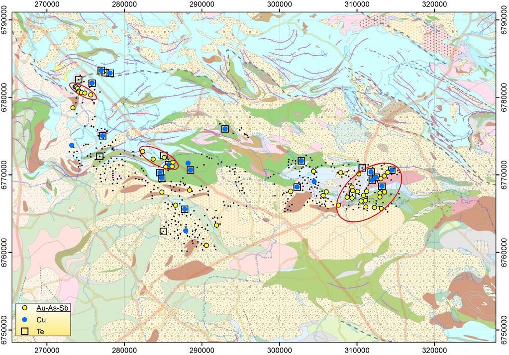 GEOLOGIAN TUTKIMUSKESKUS 75 / 2017 20 Spatiaalisesti korkeimman Au-pitoisuuden omaavan Au-As-Sb-alkuaineseurueen näytteet näyttäisivät keskittyvän kolmelle alueelle (Kuva 8).