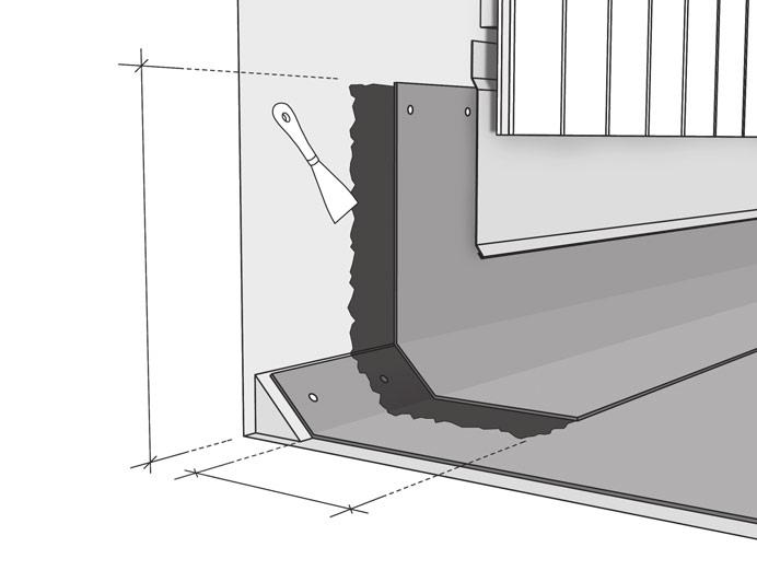 5 (5) Ylösnostot 300 mm Leikkaa ylösnostoon tarvittavat kermikaistat (Kerabit Jiirikermi tai Kerabit Titan), jotka ulottuvat vähintään 300 mm pystypinnalle ja vähintään katteen päälle.