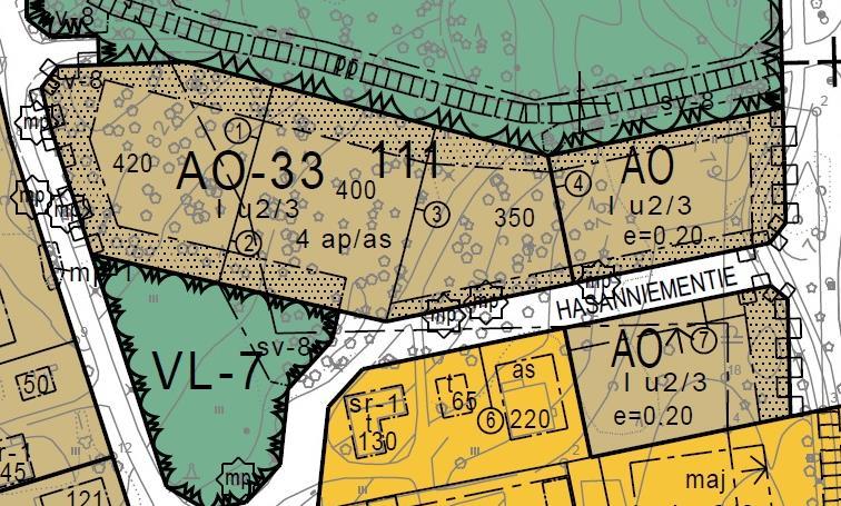 Asuntojen lisärakentaminen Osittain uudelleen linjatun Hasanniementien varrelle on osoitettu viisi uutta erillispientalojen