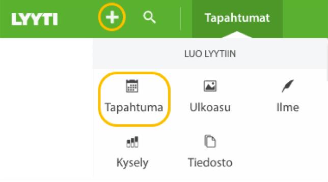 Uuden tapahtuman luominen Aloita klikkaamalla vasemmasta yläkulmasta + merkkiä.