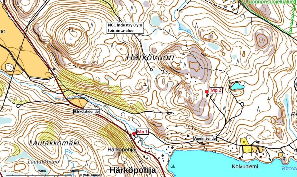 Kuva 1. Mittauspisteiden sijainnit ja NCC Industry Oy:n toiminta alueen sijainti.