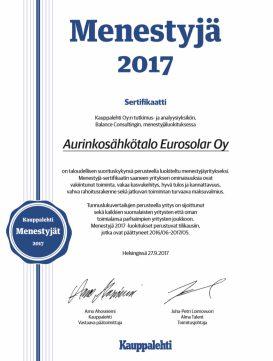 Aurinkosähkötalo Eurosolar Oy on saanut Menestyjä -ser ﬁkaa n Menestyjä-yrityksen ominaisuuksia ovat vakiintunut toiminta, vakaa kasvukehitys, hyvä tulos ja kanna avuus, vahva talousrakenne sekä