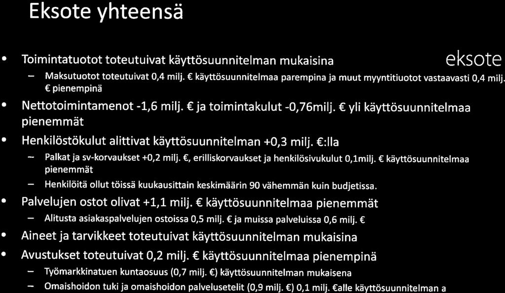 O Eksote yhteensä Tammikuun tulos +,6 milj. käyttösuunnitelmaa parempi Toimintatuotot toteutuivat käyttösuunnitelman mukaisina e ksote Maksutuotot toteutuivat,4 milj.