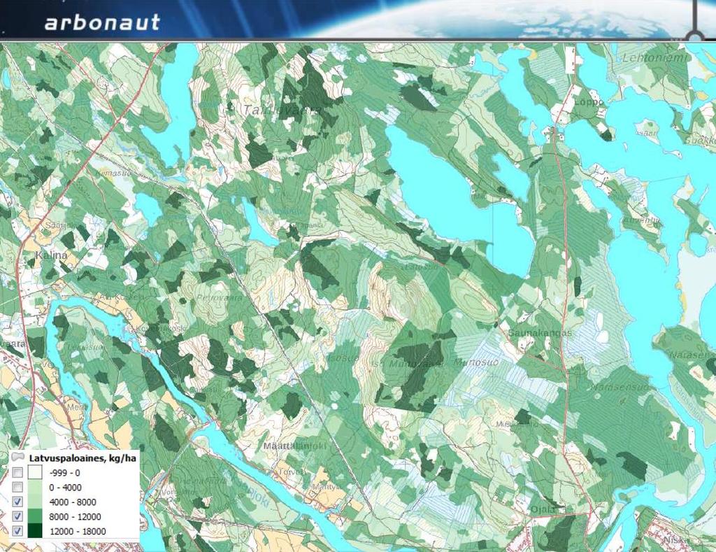 Kartta kuvaa latvusbiomassan määrää Kartan perusteella sammutustyönjohtaja