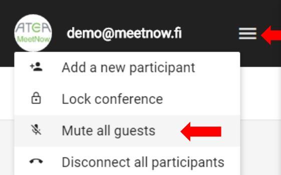 Vieraiden mykistäminen selaimella Kun halutaan mykistää kaikki vieraat kerralla. Tämä onnistuu ainoastaan, jos olet kokouksessa isäntänä.