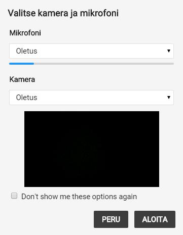 Jos valitset liittymisen äänellä tai äänellä ja videolla, ruudulle ilmestyy ikkuna, josta voit valita käytettävän kameran ja mikrofonin. Samalla voit tarkistaa niiden toimivuuden.