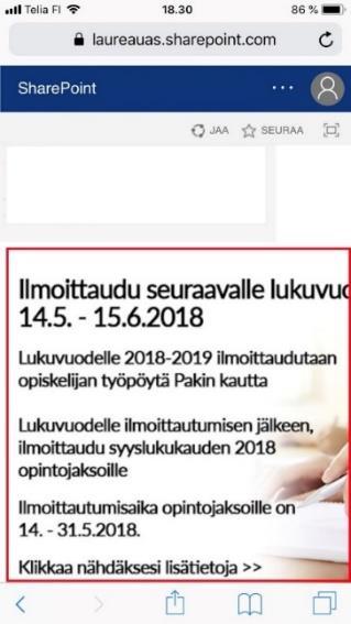 18 Uudelle lukuvuodelle ilmoittautumiseen pääsee heti Linkin etusivulta löytyvän bannerin kautta, joka vie sivulle jossa voi ilmoittautumisen tehdä (Kuvio 6).