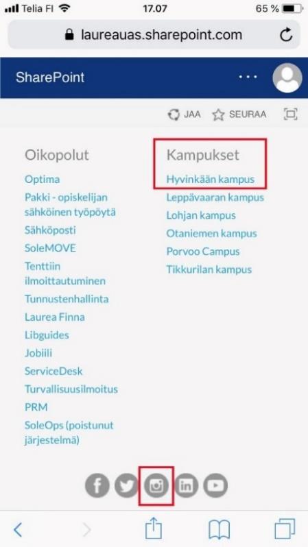 20 sivusto on todella pitkä mobiiliversiossa ja mobiililaitteella sivun vierittäminen voi osoittautua hankalaksi. Laurean Instagram-linkki sijaitsee sivun alaosassa footerissa (Kuvio 10).