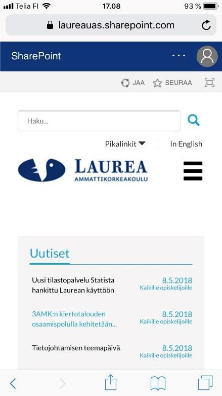 8 Linkistä löytyy myös SharePoint-alustalle integroidut Office 365 sovellukset, joihin kuuluu Delve, Dynamics 365, Excel, Flow, Forms, Henkilöt, Kalenterit, OneDrive, OneNote, Outlook, Planner,