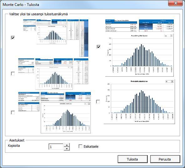 Monte Carlo-simulaation tulostusoptiot Tulostaessa Monte