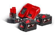 MILWAUKEE M18 NRG-502 AKKU- JA LATURIPAKETTI 2 X 5,0 AH + M12 B2 2,0 AH AKKU M18 5,0 Ah REDLITHIUM-ION akkusetti: 2 x M18 B5 5,0Ah REDLITHIUM-ION akkua ja M12-18FC