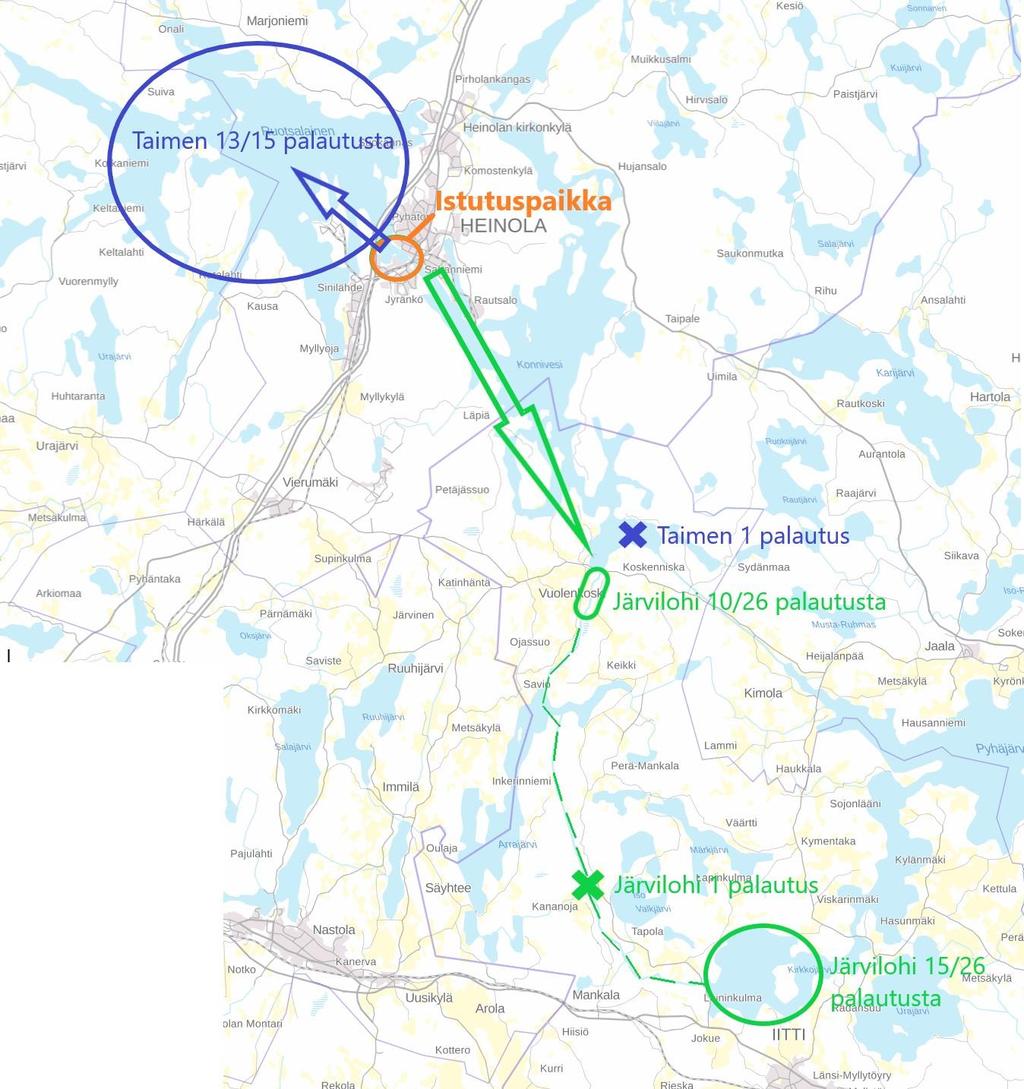 6 Kuva 5. Sepänniemestä istutettujen merkkitaimenten ja -järvilohien merkkipalautukset. Kuvan ulkopuolelle jää 1 taimen, joka saatiin Päijänteen puolelta Pulkkilanharjun läheisyydestä. 2.