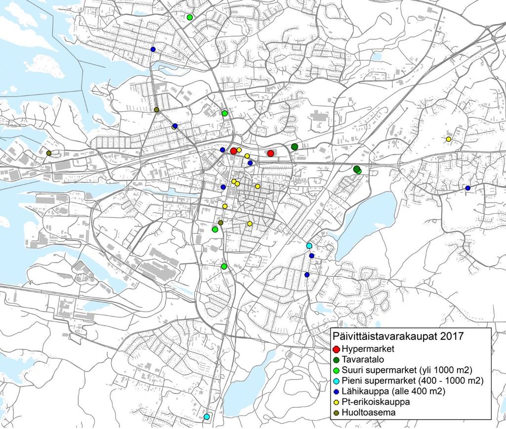 Päivittäistavarakaupat Raumalla 2017 Lähde: A.C. Nielsen2017 Pohjakartta: Maanmittauslaitoksen maastotietokanta ja maastokartta 10/2018 A.C. Nielsenin myymälärekisterin euromääräiset myynnit ja myyntipinta-alat eivät ole julkista tietoa, joten niitä ei tässä ole sellaisenaan esitetty.