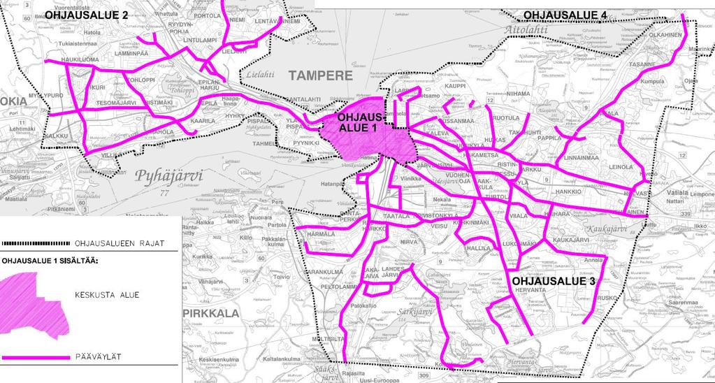 Valaistuksen ohjauksen Nykytilan kuvaus Kaupunki jaettu neljään ohjausalueeseen Ohjausalueella 1 luksitasot korkeammat