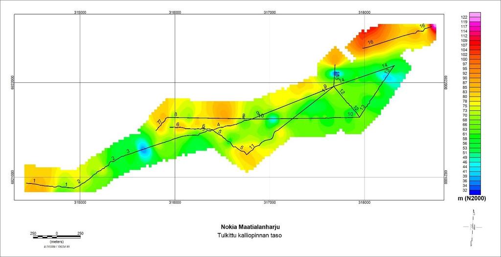 GEOLOGIAN TUTKIMUSKESKUS Geologinen rakenneselvitys 14 08.06.2018 Kuva 9. Painovoimatulkinnoista interpoloimalla laskettu kalliopinnan taso väripintakarttana. Kuva: T. Valjus, GTK. 6.