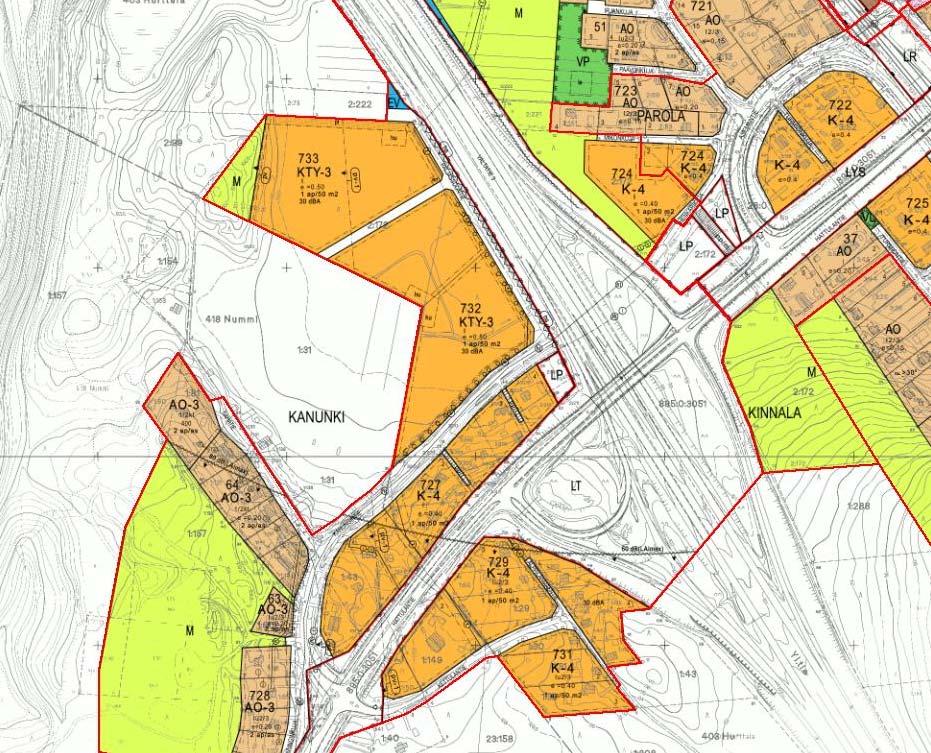 Kuva 8. Ote Hattulan kunnan ajantasa-asemakaavasta. Suunnittelualueen likimääräinen rajaus on sinisellä katkoviivalla.