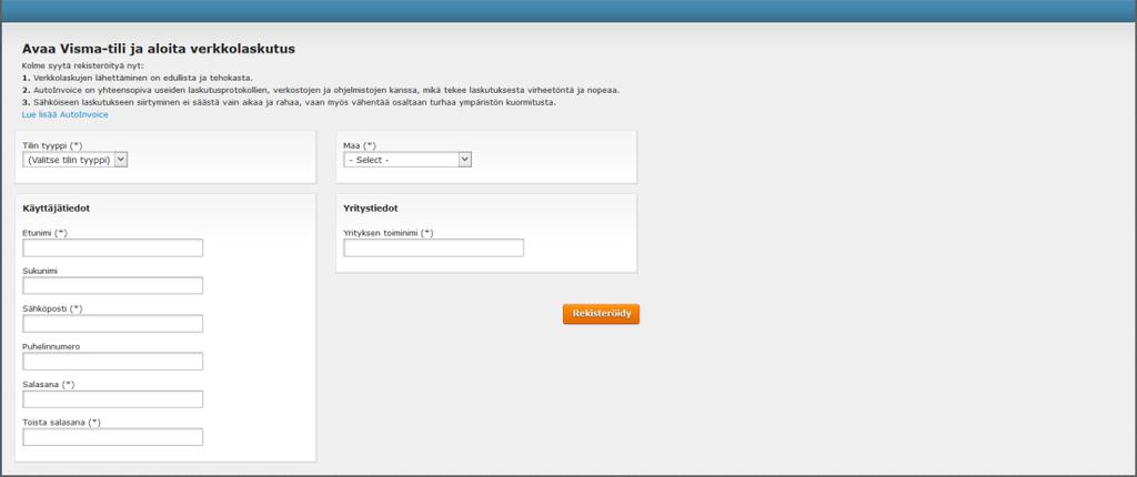 1.1.2 Tilin avaaminen ja aktivointi Mene web-osoitteeseen autoinvoice.visma.com ja sieltä Rekisteröidy-välilehdelle. Klikkaa kyllä kiitos, rekisteröidy nyt. Maventa-tilin avaaminen.