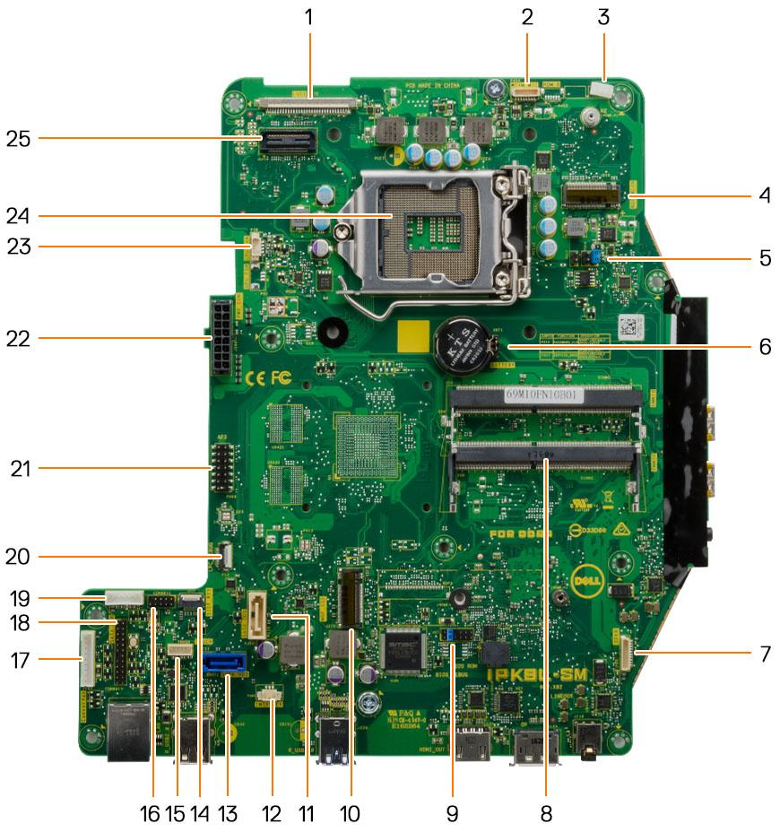 Emolevyn kuvaus 1 LVDS liitäntä 2 Kameran liitäntä 3 Antennin johtokiinnike 4 WLAN liitäntä 5 Hyppyliitäntä 6 Nappiparisto 7 Kaiuttimen liitin 8 Muistimoduulin liitin 9 Hyppyliitäntä 10 M.
