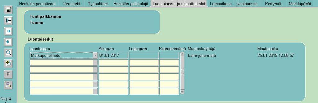 22(32) Palkat > Palkansaajat, Luontoisedut ja ulosottotiedot -välilehti: Palkansaajan Luontoisetu-valinta Kun tarvittavat tiedot on korjattu, voidaan lähettää korvaava ilmoitus kyseisten