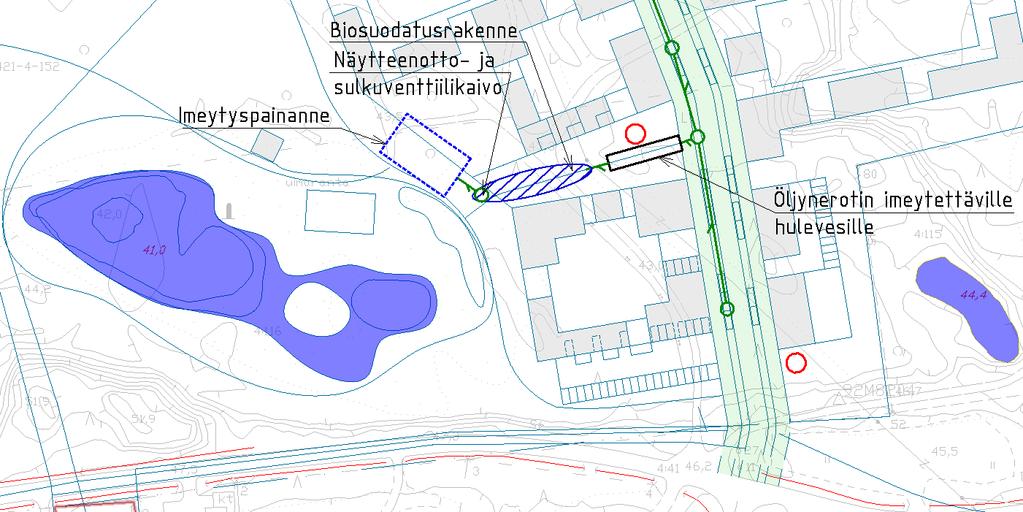 Sivu 9 (19) Kuva 6. Kaava-alueen eteläisen pumppaamon sijaintivaihtoehdot punaisilla ympyröillä esitettyinä.