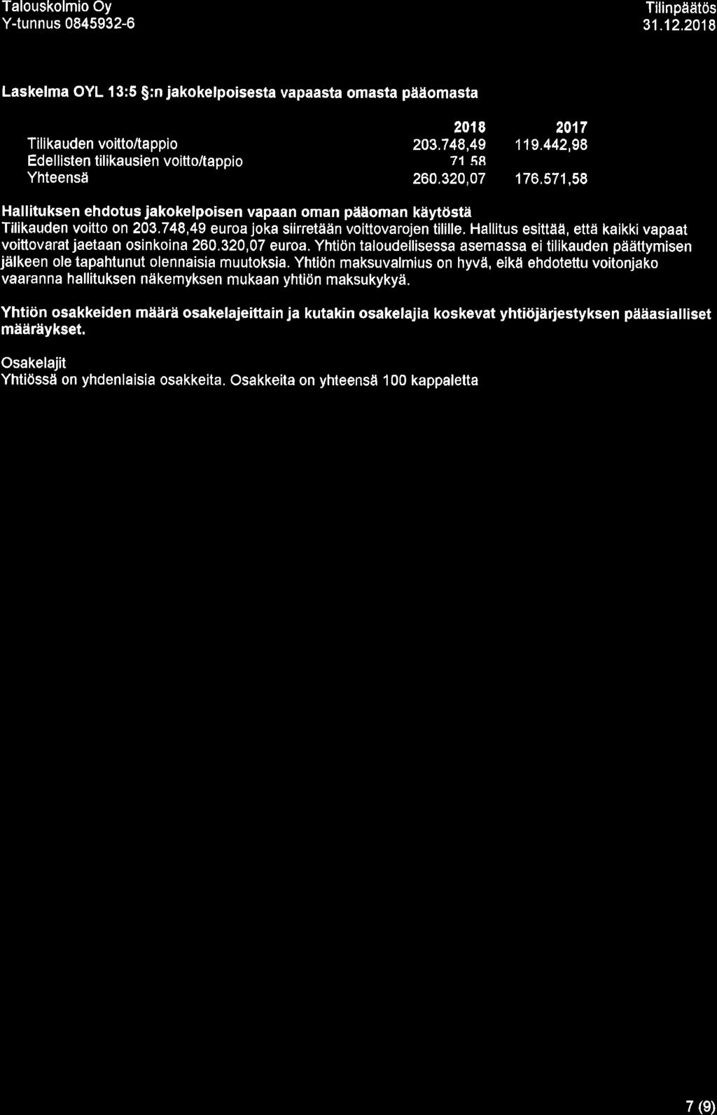 Laskelma OYL 13:5 $:n jakokelpo sesta vapaasta omasta pääomasta Tilikauden voitto/tappio Edel listen tilikausien voitto/tappio Yhteensåi 2018 203.748,49 56_5 71 ßA 260.320,07 2017 119.