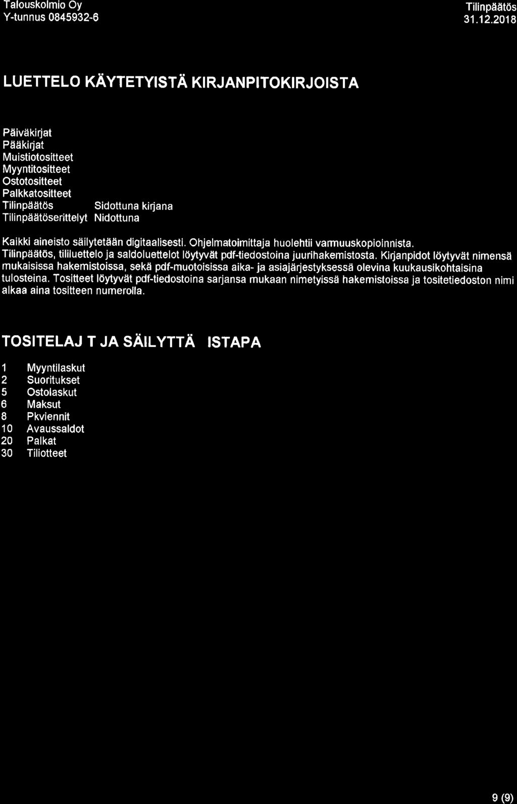 Y-tunnus 0845932-o LUETTELO KÄYTETYISTR XI N NNPITOKIRJOISTA Kiriaqpitokiria Säilvtvstapq Päiväkirjat Päåkiryat Muistiotositteet Myyntitositteet Ostotositteet Palkkatositteet ïilinpååitös Sidottuna