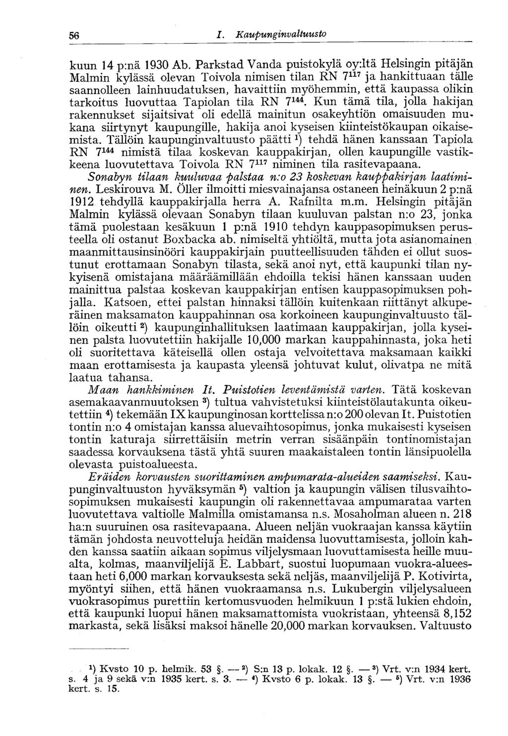 56 I. Kaupunginvaltuusto kuun 14 p:nä 1930 Ab.