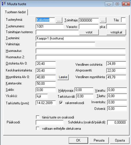 Osakomponenteille kirjataan halutut alkusaldot normaaliin tapaan. Saldot vähenevät automaattisesti lähetteitä tulostettaessa.