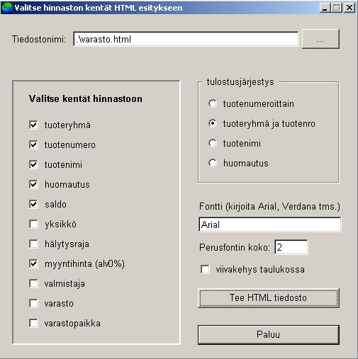 Kun määrittelyt on tehty, painetaan Tee html -nappia, jolloin Varasto-ohjelma tuottaa Atlas-työhakemistoon tai valittuun toiseen hakemistoon html-tiedoston.