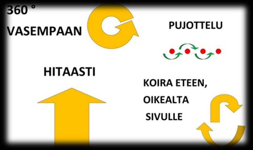 Koirakko etenee radalla perusseuraamisessa ja suorittaa kullakin kyltillä siinä määrätyn tehtävän.