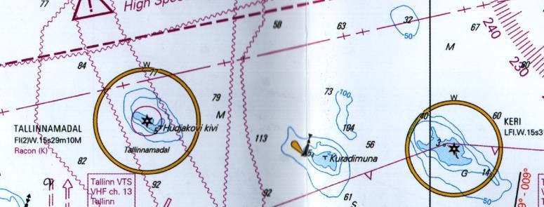 7. Merkintäpaikkasi on 59 45,0 N 024 44,0 E. Ohjaat kompassisuuntaan 089 nopeuden ollessa 6 solmua. Kello 10.00 suunnit pääkompassilla merimajakan Tallinnamadal kompassisuuntimassa 230 ja kello 11.